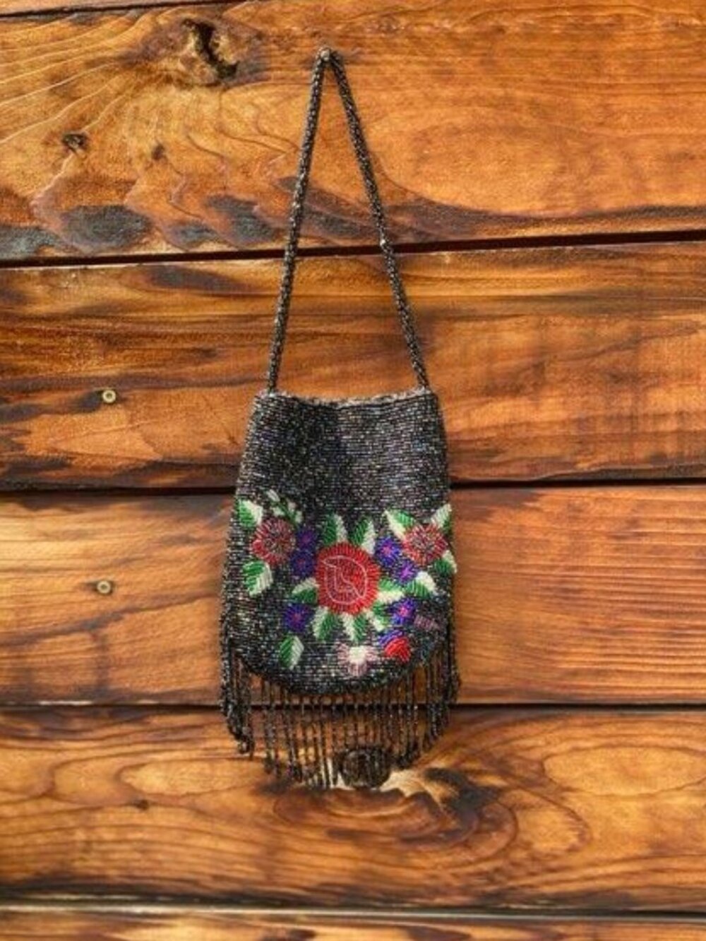 Vintage Mid Century Black Mini Hand Beaded Floral Bag-Handcrafted in India